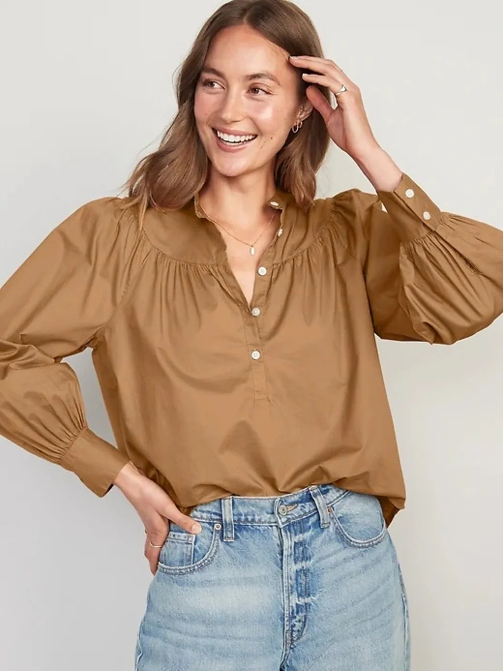 Old Navy Mocha Camel Puff Sleeve Henley Top Blouse
